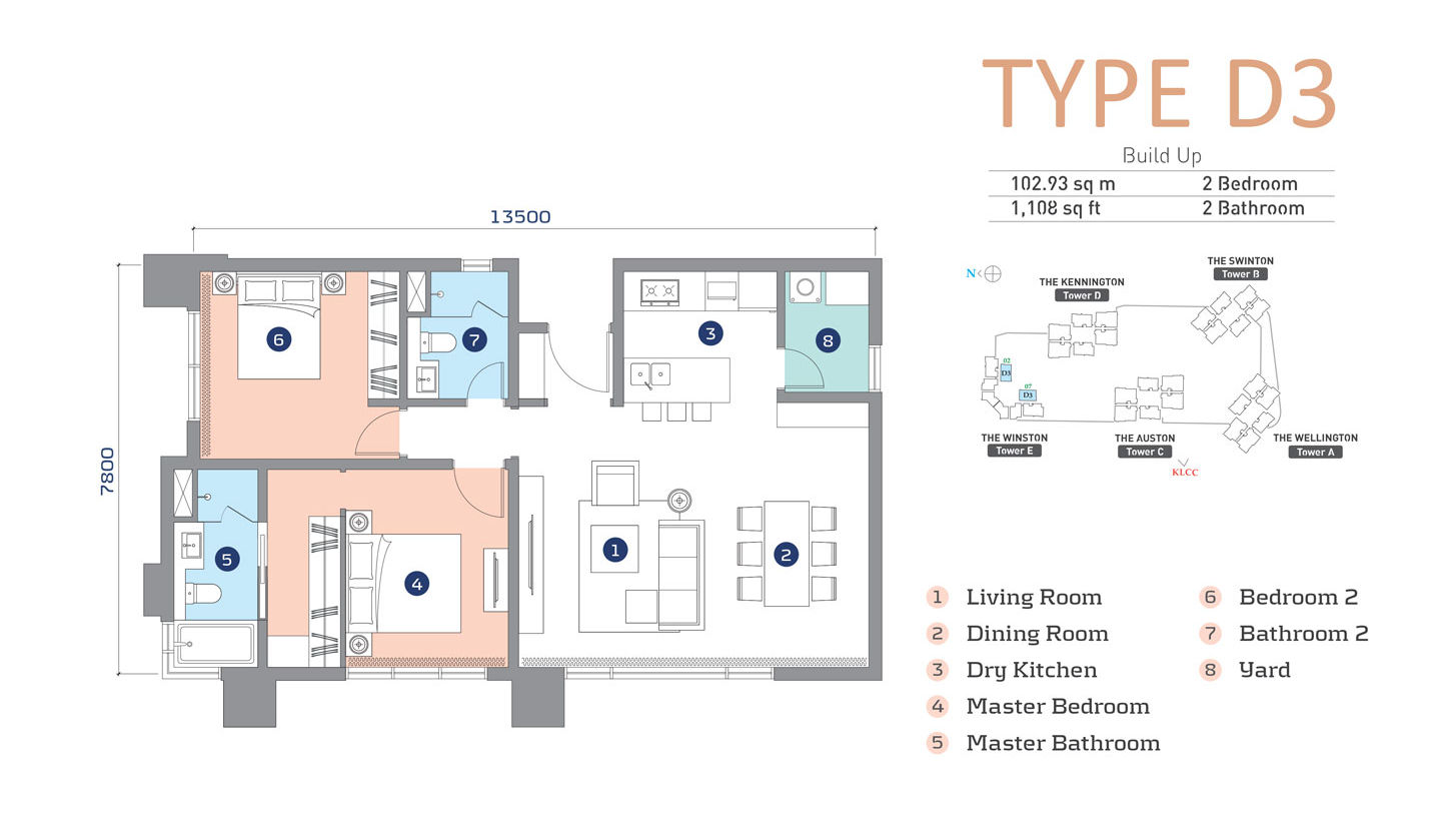 Cappella Embassy Type D3 floor plan — 1,108 sq ft, 2+1 bedroom
